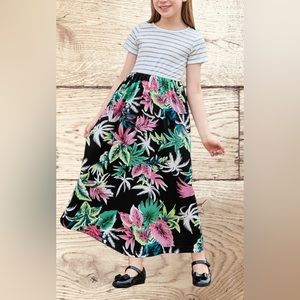 NWT. GORLYA Girl's Short Sleeve Patchwork Floral Print Loose Casual Long Maxi